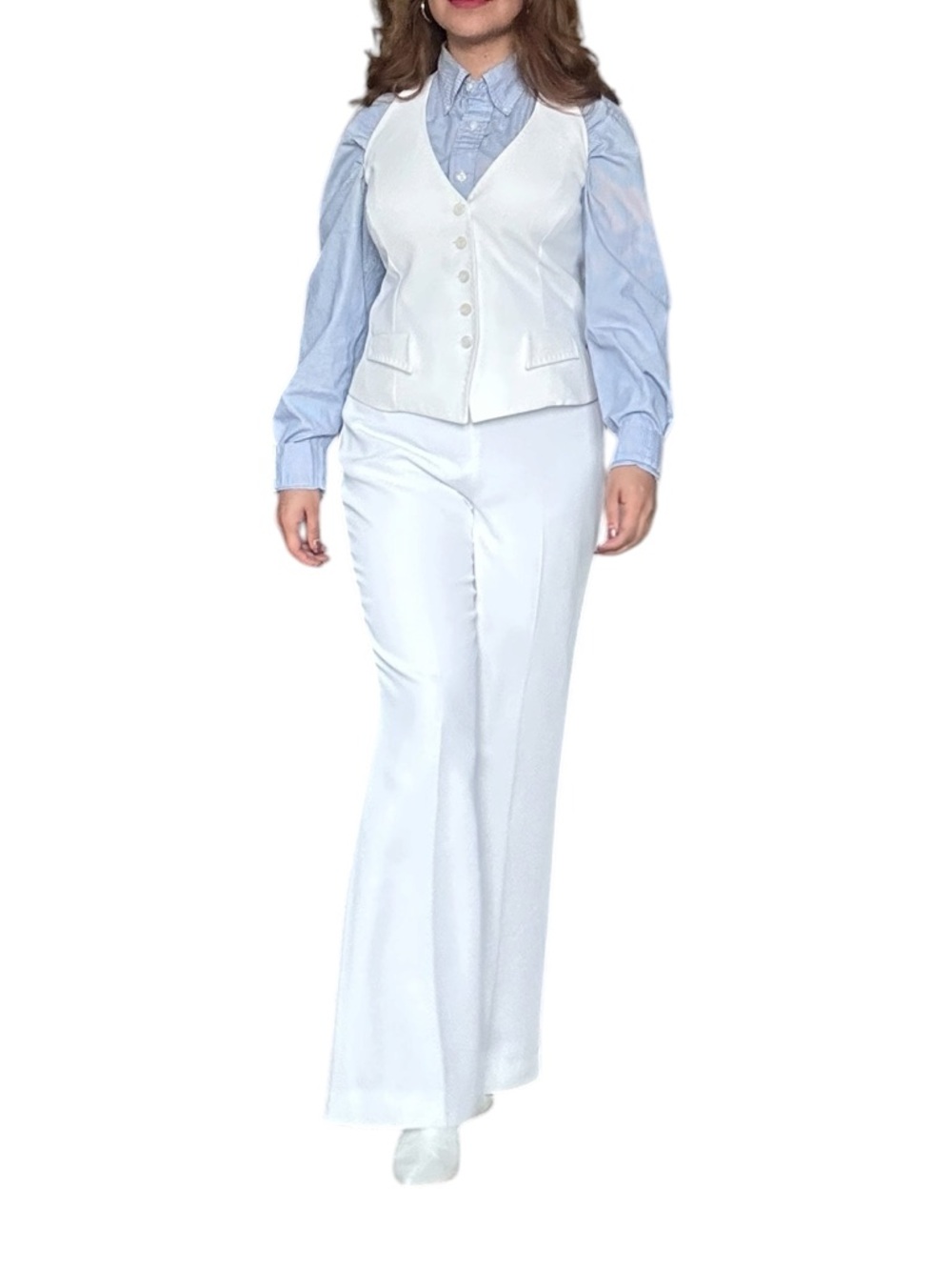 Set  White Flared Pantsuit with Coordinating Vest - Classy and elegant - Small